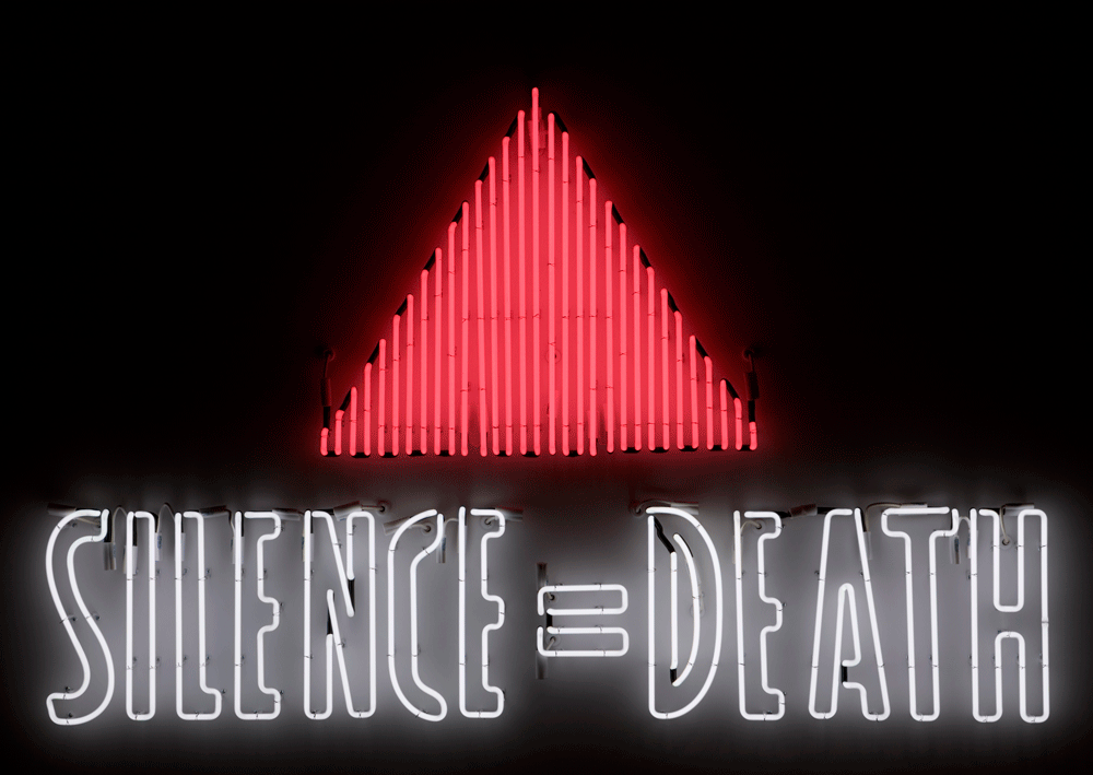 Gran Fury, Silence = Death, 1987. Triangle made of red vertical neon lines with the words Silence = Death outlined in white neon