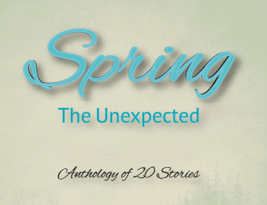 Spring - The Unexpected Anthology of 20 Stories written in cursive blue over a cream cover.