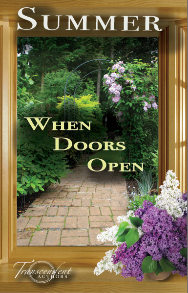 Summer book cover with glass doors open to a lush garden, set to launch May '23.
