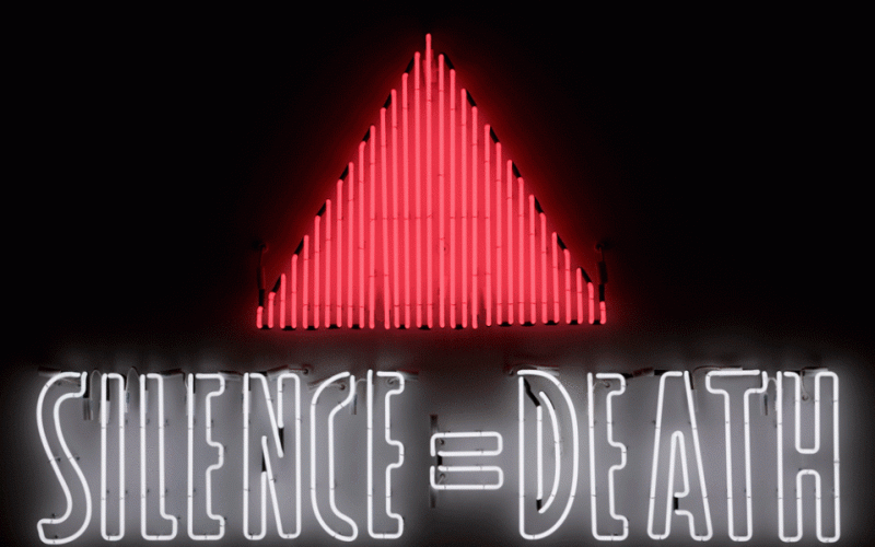 Gran Fury, Silence = Death, 1987. Triangle made of red vertical neon lines with the words Silence = Death outlined in white neon